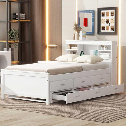 Platform Bed with Storage Headboard, USB, Twin Size Trundle and 3 Drawers, Twin Size, White