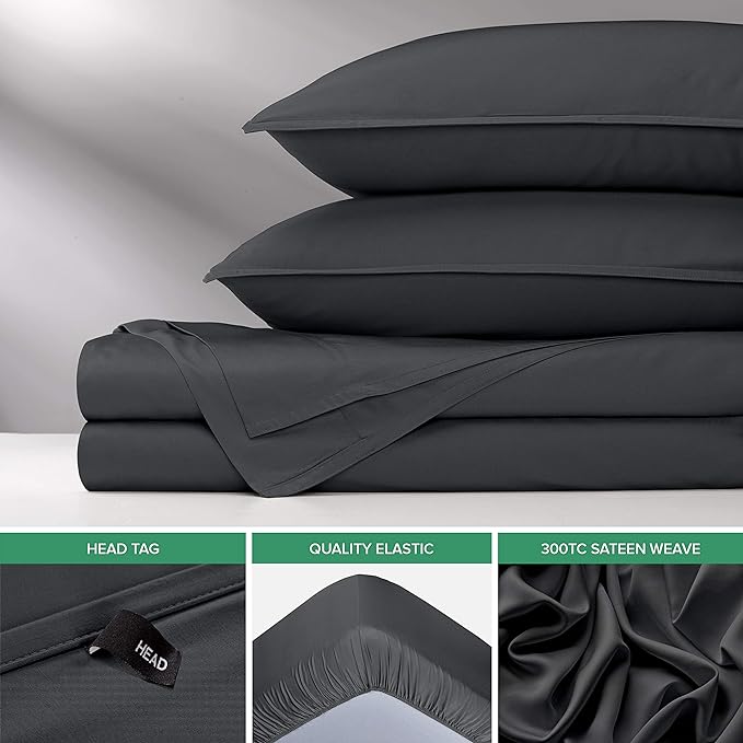 Pure Bamboo Split King Sheets, Genuine 100% Organic Viscose Derived from Bamboo Bed Sheet Set, Soft & Cooling, Double Stitching, 2 Fitted Sheets (Split King, Charcoal)