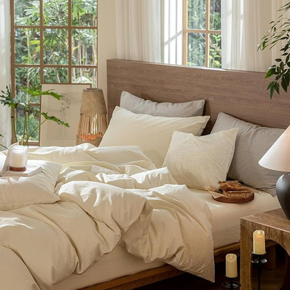 MooMee Wavy Striped Duvet Cover Set 100% Washed Cotton Linen Like Textured Breathable Durable Soft Comfy (Cream White, Super King 108"x98")