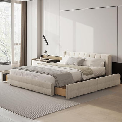DEINPPA Queen Size Bed Frame with 4 Storage Drawers and Cloud Soft Headboard, Chenille Upholstered Grounded Wood Base Bed Frame, No Box Spring Needed-Beige