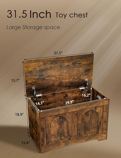 DINZI LVJ Storage Chest, 31.5”Wooden Toy Box with 2 Safety Hinges, Entryway Storage Bench with Flip-Top, Sturdy Storage Trunk for Living Room, Bedroom, Easy Assembly, Rustic Brown