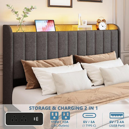 Queen Bed Frame with 4 Drawers and Storage Headboard, Upholstered Platform Bed Frame Queen Size with Led Lights and Handy Charging Station, No Box Spring Needed, Easy Assembly, Noise Free, Gray