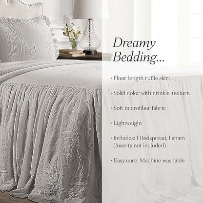 Lush Decor Ruffle Skirt Bedspread Set - 2-Piece Luxurious Farmhouse Bedding - Elegant Ruffle Detail - Timeless Style - Soft Lightweight Sheets - Twin, Grey