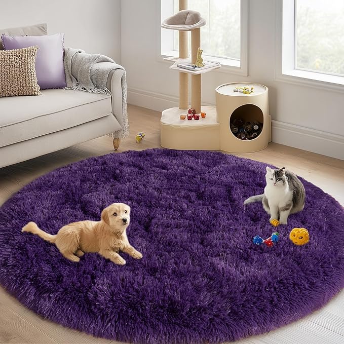 Round Purple Rug for Bedroom, 7 ft Circle Area Rugs for Living Room, Soft Large Fluffy Shag Carpet for Teen Girls Boys Nursery Room Dorm Home Decor Aesthetic