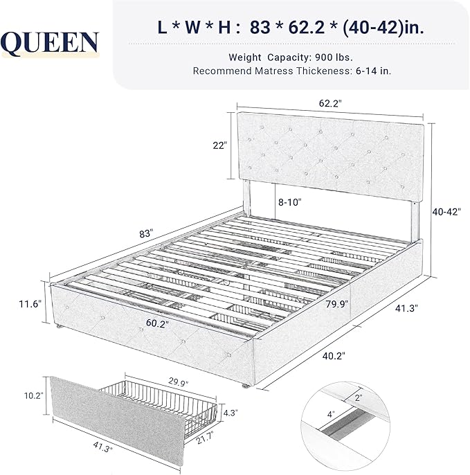 Allewie Upholstered Queen Size Platform Bed Frame with 4 Storage Drawers and Headboard, Diamond Stitched Button Tufted, Mattress Foundation with Wooden Slats Support, No Box Spring Needed, Dark Grey