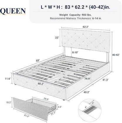 Allewie Upholstered Queen Size Platform Bed Frame with 4 Storage Drawers and Headboard, Diamond Stitched Button Tufted, Mattress Foundation with Wooden Slats Support, No Box Spring Needed, Beige