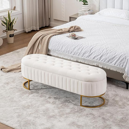 Velvet Storage Bench for Bedroom, Modern Tufted End of Bed Bench for King Size Bed, Upholstered Long Ottoman Bench with Gold Legs for Living Room/Entryway (Ivory White, 55" Wide)
