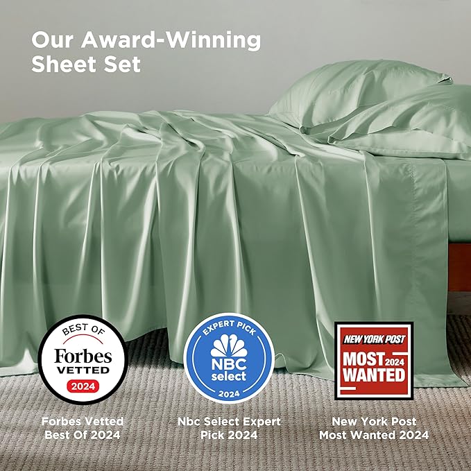 Bedsure Queen Sheet Set, Rayon Derived from Bamboo, Cooling Sheets, Breathable & Soft, Deep Pocket Up to 16 Inches, Hotel Luxury Silky Bedding for Hot Sleepers, Sage Green