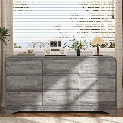 Grey Dresser for Bedroom with 9 Drawers, 63" Large Modern Dressers & Chest of Drawers with Curved Profile Design, Wood Closet Clothes Storage Long Dressers Organizer for Bedroom Living Room Hallway