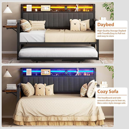 Daybed with Trundle, Twin Trundle Bed Frame - Metal Day Bed with LED Lights, Upholstered Storage Headboard & Charging Station, Pop Up Sleeper, Modern Design for Living Room and Guest Room-Brown
