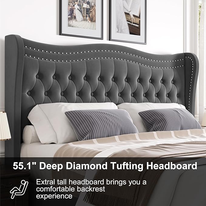 Full Bed Frame with Tall Headboard & Footboard, Velvet Upholstered Platform Bed Frame with Deep Button Tufted Wingback, No Box Spring Needed, Noise Free, Grey
