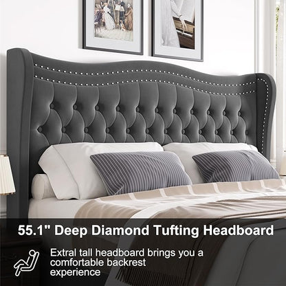 Full Bed Frame with Tall Headboard & Footboard, Velvet Upholstered Platform Bed Frame with Deep Button Tufted Wingback, No Box Spring Needed, Noise Free, Grey