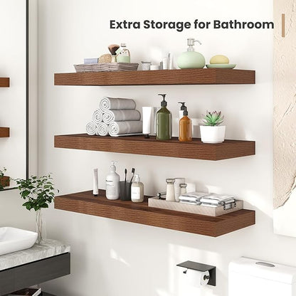 Heimlove 12 Inch Deep Floating Shelves, 16 x 12 inches Long Wall Shelf, Large Extra Display Shelf & Storage Shelf, Rustic Wood Wall Shelves for Fireplace Mantel, Walnut - 2Pack