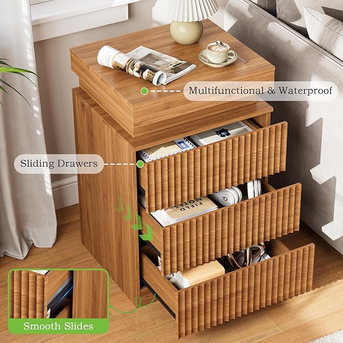Nightstands Set of 2 with Charging Station & LED Lights, Modern Small Fluted Bedside & End Tables with 3 Drawers, Sliding Top & Hidden Storage, Wooden Farmhouse Night Stand for Bedroom Office,Walnut