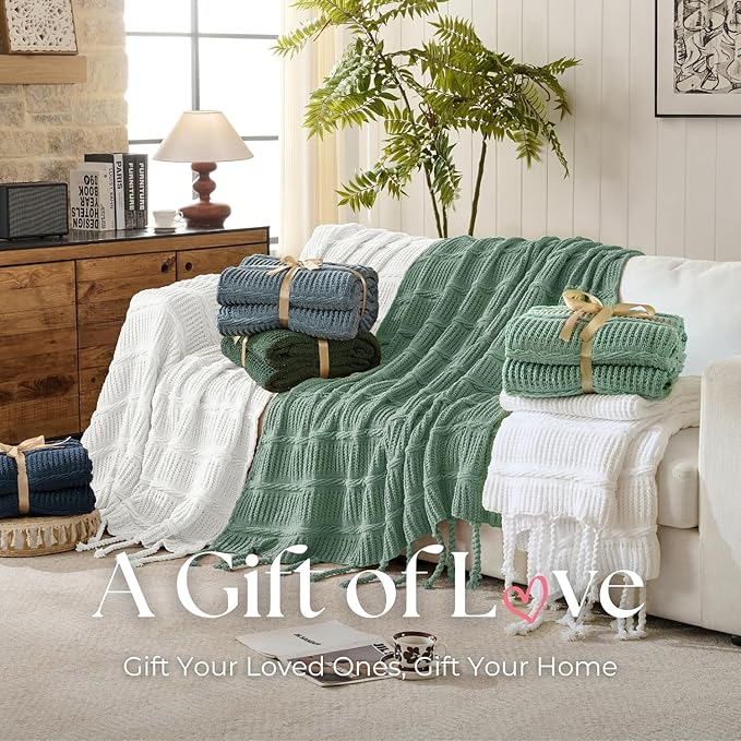 Boho Knitted Chenille Blanket with Tassels - Lightweight & Soft All-Season Throw - 3D Classic Pattern for Living Room Bedroom Couch, Cloud White, Twin 60"x80"