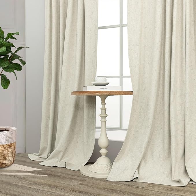 Pitalk Black Out 96 Inch Long Boho Curtains 2 Panel Set Farmhouse Curtain for Living Room Darkening Thermal Noise Reduction Textured Faux Linen Drape 8ft Back Tab Pocket Cream Beige 52x96 Floor Length