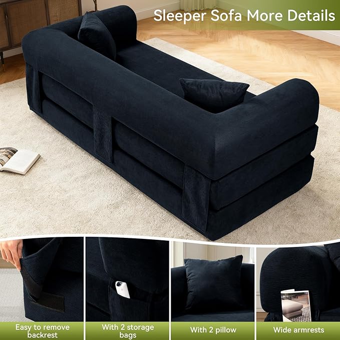 Convertible Futon Sofa Bed,80" Folding Pull Out Couch Bed with Storage,Queen Sleeper Sofa Bed,Compressed Couch in a Box,Corduroy Boneless Couches for Living Room,Deep Blue