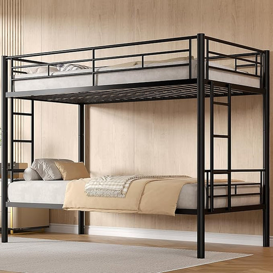 VECELO Bunk Bed Twin Over Twin, Metal Bunkbeds with Ladder and Full-Length Guardrail, No Box Spring Needed, Space Saving, Noise Free, Black