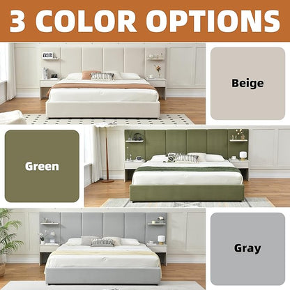 King Bed Frame with Storage & Built-in Nightstands, Velvet Upholstered Platform Bed Frame with Drawers & 2 Floating Storage Shelves, Noise-Free, No Box Spring Needed, Easy Assembly, Beige