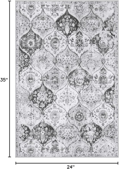Lahome Moroccan Trellis Washable Rug, 2x3 Kitchen Rugs for Entryway Bathroom, Non-Slip Indoor Door Mat Ultra-Thin, Small Oriental Throw Carpet for Bedroom Entry, Silver/Grey