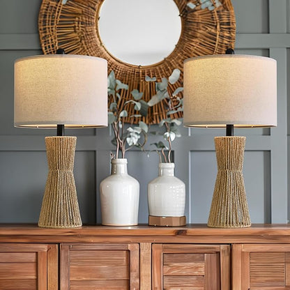 OYEARS 22.5" Table Lamps for Living Room,Boho Lamps Set of 2 for Bedrooms, Bedside Lamp for Nightstands, Rattan Lamp, Farmhouse Table Lamp for Room Decor, End Table, Retro, Brown（Not Include Bulbs）