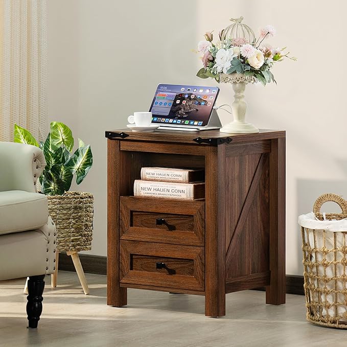 Joaxswe Nightstand with Charging Station and USB Port, Farmhouse Side End Table with 2 Drawers and Open Shelf, Wood Rustic Sofa Table, Bedside Cabinet for Bedroom, Living Room, Closet, Office(Brown)