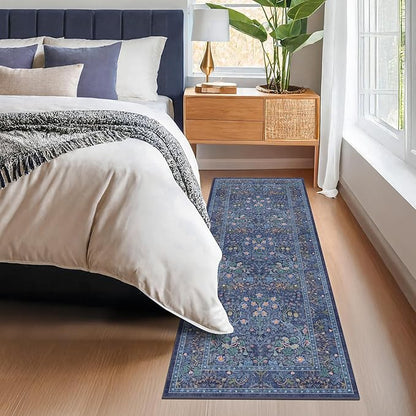 Non Slip 2x6 Dark Blue Kitchen Runner Rug - Long Runner Rugs 24 x 72 Washable Hallway Floor Mat, Bedroom Laundry Room Bathroom Runner - Dusky Navy Vintage Floral Design Décor