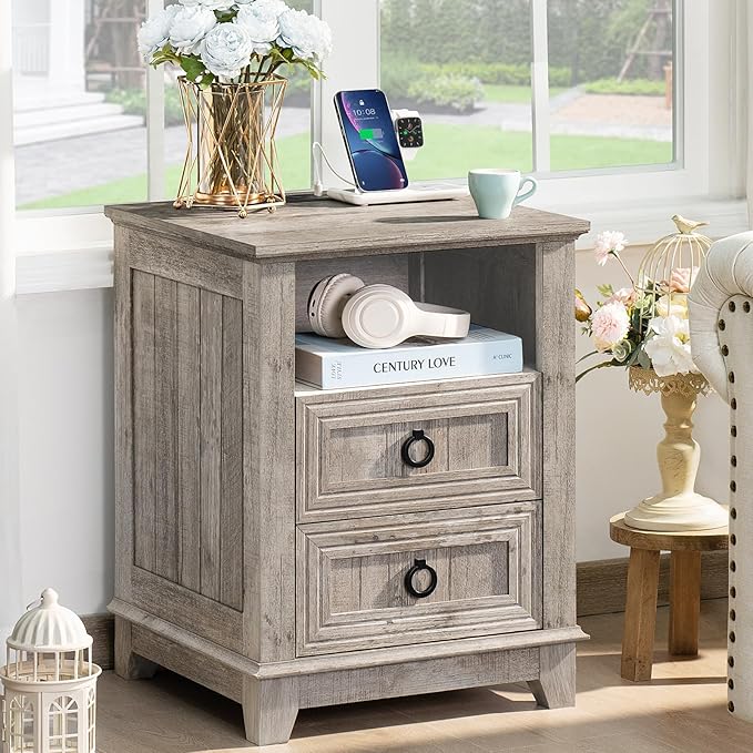 18" Farmhouse Night Stands Set of 2 with Charging Station, 2 Drawers End Table Dresser for Bedroom, Oak Wooden Nightstand, Bed Side Table with Open Shelf, Bedside Cabinet for Living Room