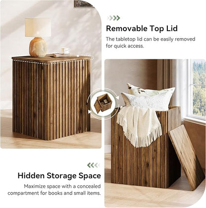 Solid Wood Square End Table with Storage, Fluted Side Table for Living Room, Mid-Century Modern Bedside Nightstand with Removable Lid for Bedroom, Small Spaces (1 PC, Rustic Brown)