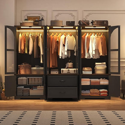 Tall Farmhouse 6 Doors Armoire Wardrobe Closet with LED ,72" Freestanding Arched Wardrobe Closet Cabinet for Bedroom w Glass Doors/Drawers,Wooden Clothing Storage Cabinet,Closets for Bedroom(Black)