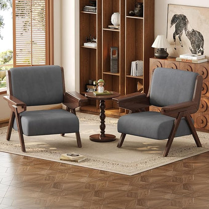 Mid Century Modern Accent Chair, Fabric Upholstered Lounge Arm Chair with Solid Wood Frame for Living Room, Bedroom, Office, Reading Corner (Gray, Single Chair)