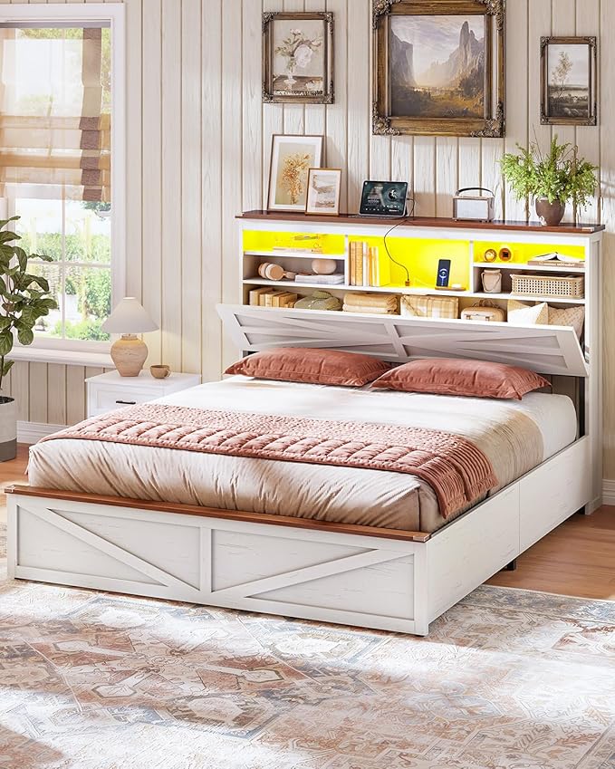 AOGLLATI Farmhouse Full Size Bed Frame with Lift Up Storage & Hidden Bookcase Storage Headbord, Wood Bed Frame Full with Charging Station, Led Lights, No Box Spring Needed, Antique White