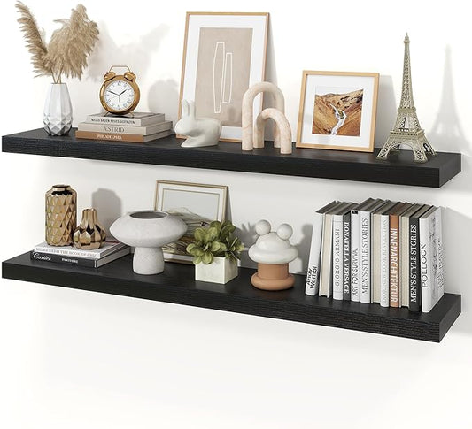 Floating Shelves for Wall, 9.3" Deep Wall Mounted Wood Shelves for Bathroom, Bedroom, Living Room, Kitchen, Hanging Shelf for Books/Storage/Room Decor (Black, 48")