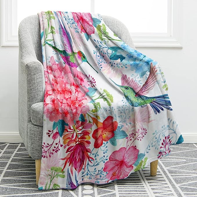 Jekeno Hummingbird Floral Blanket Bird Colorful Flowers Christian Blanket Birthday Christmas for Women Kids Girls Mom Bedroom Living Room Mother's Day Decor Plush Throw 50"x60"