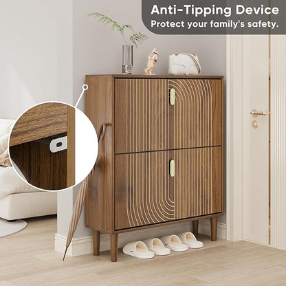 Smuxee Shoe Cabinet with 2 Flip Drawers, 31.5" Walnut Hidden Shoe Storage Cabinet with Line Groove Design, Freestanding Shoe Organizer Cabinet for Hallway, Entryway, Living Room
