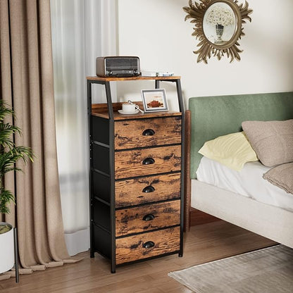 Furnulem Tall 5 Drawers Dresser, Vertical Storage Tower Fabric Dresser for Bedroom, Hallway, Entryway, Nursery, Closet Organizer, Nightstand Bedside Table Furniture, Sturdy Steel Frame, Wood Top
