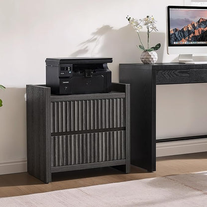 SICOTAS Night Stand Set of 2-Fluted Nightstands with Charger Station-Large Nightstand Bedside Table End Table with 2 Drawers, 25" Wide Mid Century Modern Night Stands for Bedroom-Black Oak