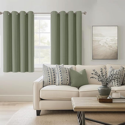 ChrisDowa 100% Blackout sage Solid Curtains 54 Inches Long 2 Panels for Bedroom Living Room,Farmhouse Room Darkening Thermal Insulated Soundproof Grommet Top Window Treatment Drapes,52x54