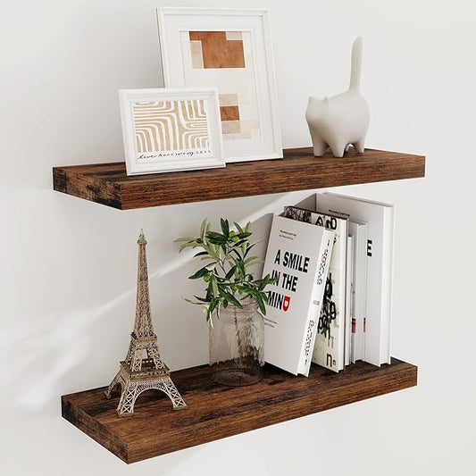 Floating Shelves for Wall, 24 x 9.3 Floating Shelf Wall-Mounted, Rustic Wood Bathroom Shelf Set of 2, Deep Bookshelf Storge Shelves for Living Room, Bedroom, Farmhouse, Rustic Brown Color