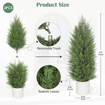 Briful 2PCS 4ft Artificial Cedar Topiary Trees in White Planter – Medium Faux Evergreen Potted Plants, Indoor Outdoor Fake Shrubs, Lifelike Fake Cypress Trees for Home, Office, Patio, Porch