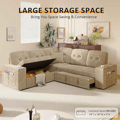 Modular Sectional Sleeper Sofa with Pull Out Bed, L Shaped 5 Seat Sectional Couches for Living Room, 84 Inch Sofa Bed with Adjustable Backrest | Hidden Storage | Wide Armrest | Khaki