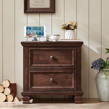 Farmhouse Nightstand Set of 2, Rustic Low Nightstands with 2 Drawers & Charging Station, Vintage Night Stands with 4 Square Solid Wood Legs, Small Dresser for Bedroom, Home, Walnut