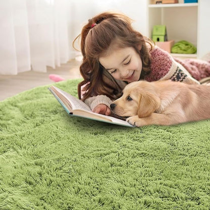 OLANLY Grass Green Round Rugs for Bedroom - Machine Washable, 4 ft Circle Area Rugs for Living Room, Soft and Fluffy Shaggy Carpet for Teen Girls and Boys, Nursery Rooms, Dorms, Home Decor Aesthetic