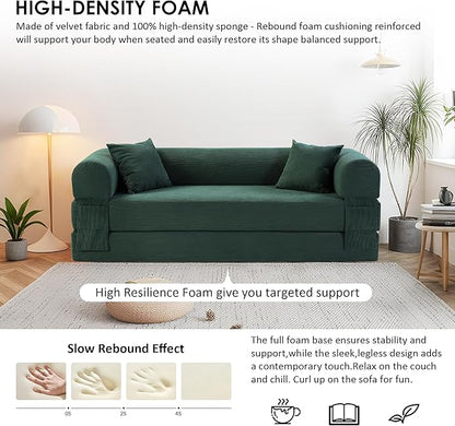 80" Convertible Sofa Bed, Corduroy Deep Seat Folding Pull Out Couch with Pillows, No Assembly Modern Boneless Couch Compression Sofa in Box, Floor Sofa with Storage Pocket for Living Room,Dark Green