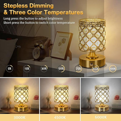 TOBUSA Gold Rechargeable Cordless Table Lamp, 6000mAh Crystal Battery Operated Lamp with 3 Color Temps & Stepless Dimming, Portable Bedside Touch Small Desk Lamp, Vintage Wireless LED Night Light