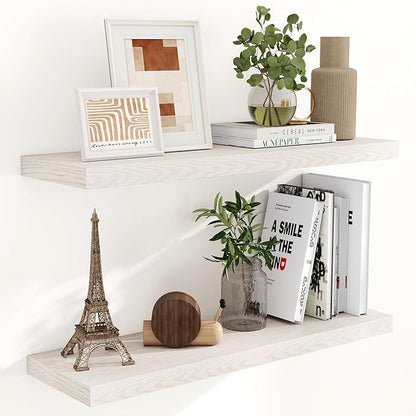 Fun Memories Floating Shelves for Wall, 24 x 9.3 Floating Shelf Wall-Mounted, Rustic Wood Bathroom Shelf Set of 2, Deep Bookshelf Storge Shelves for Living Room, Bedroom, Farmhouse, Brich Color