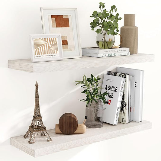 Fun Memories Floating Shelves for Wall, 24 x 9.3 Floating Shelf Wall-Mounted, Rustic Wood Bathroom Shelf Set of 2, Deep Bookshelf Storge Shelves for Living Room, Bedroom, Farmhouse, Brich Color