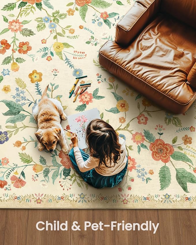 Amada 6x9 Area Rugs, Non-Slip & Low-Profile Living Room Rug with Reinforced Edge Binding, Soft Large Washable Boho Floral Rugs for Living Room, Bedroom, Dining Room