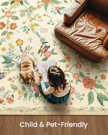 Amada 2x3 Washable Area Rug, Non-Slip & Low-Profile Entryway Rug with Reinforced Edge Binding, Boho Floral Pattern, Soft Small Rugs for Entryway, Kitchen, Living Room