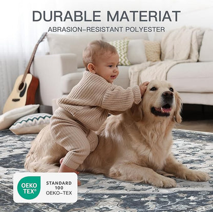 4x6 Vintage Washable Area Rug for Living Room,Low Pile Non Slip Carpet Non-Shedding Small Area Rug Soft Indoor Stain Resistant Rug Floral Print Mat for Bedroom Dining Room Blue Beige